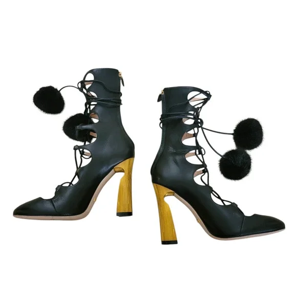 Gucci Heloise Black Leather Lace Up Pom Pom High Heeled Boots 6.5 36.5 409230 - Picture 10 of 17